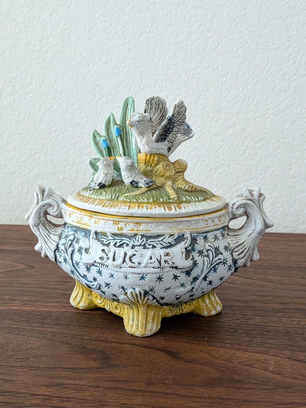 Antique Capodimonte Style BisquePorcelain Covered Lid Sugar Dish Compote Birds